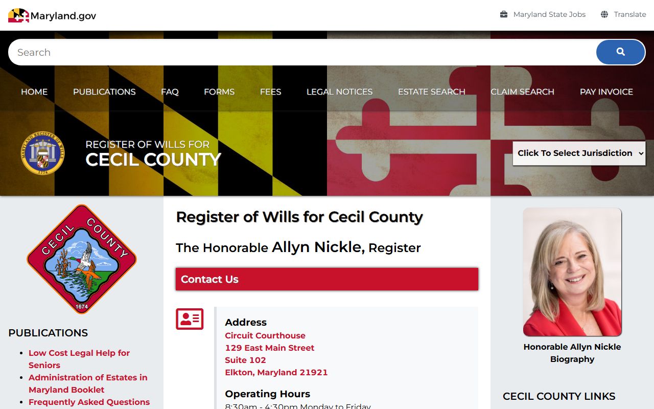 Cecil County Register of Wills for estate and probate records in Elkton Maryland