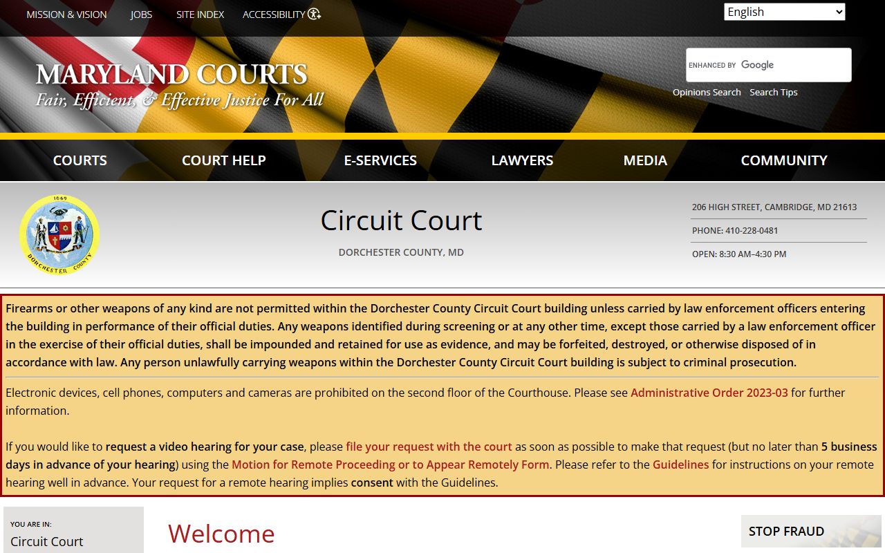 Dorchester County Circuit Court in Cambridge Maryland for court and public records access