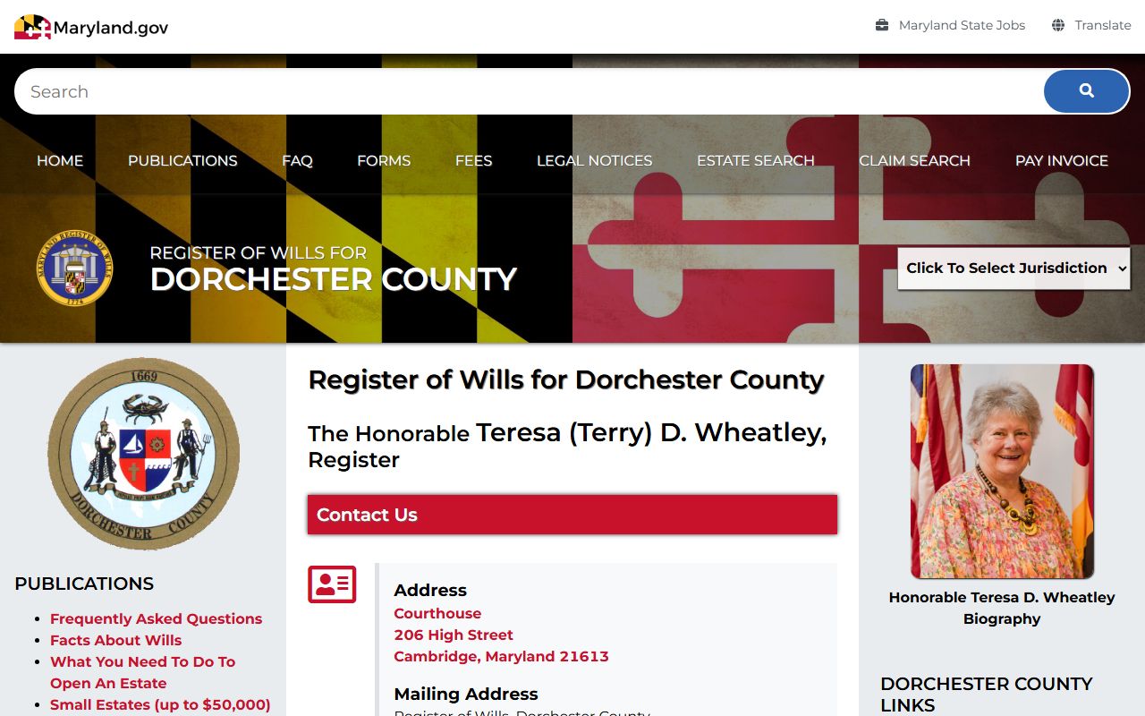 Dorchester County Register of Wills for probate and estate records in Cambridge Maryland