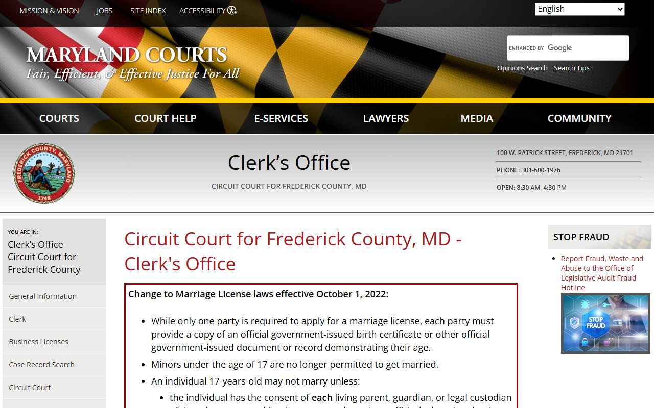 Maryland Courts clerk office page for Frederick County public records