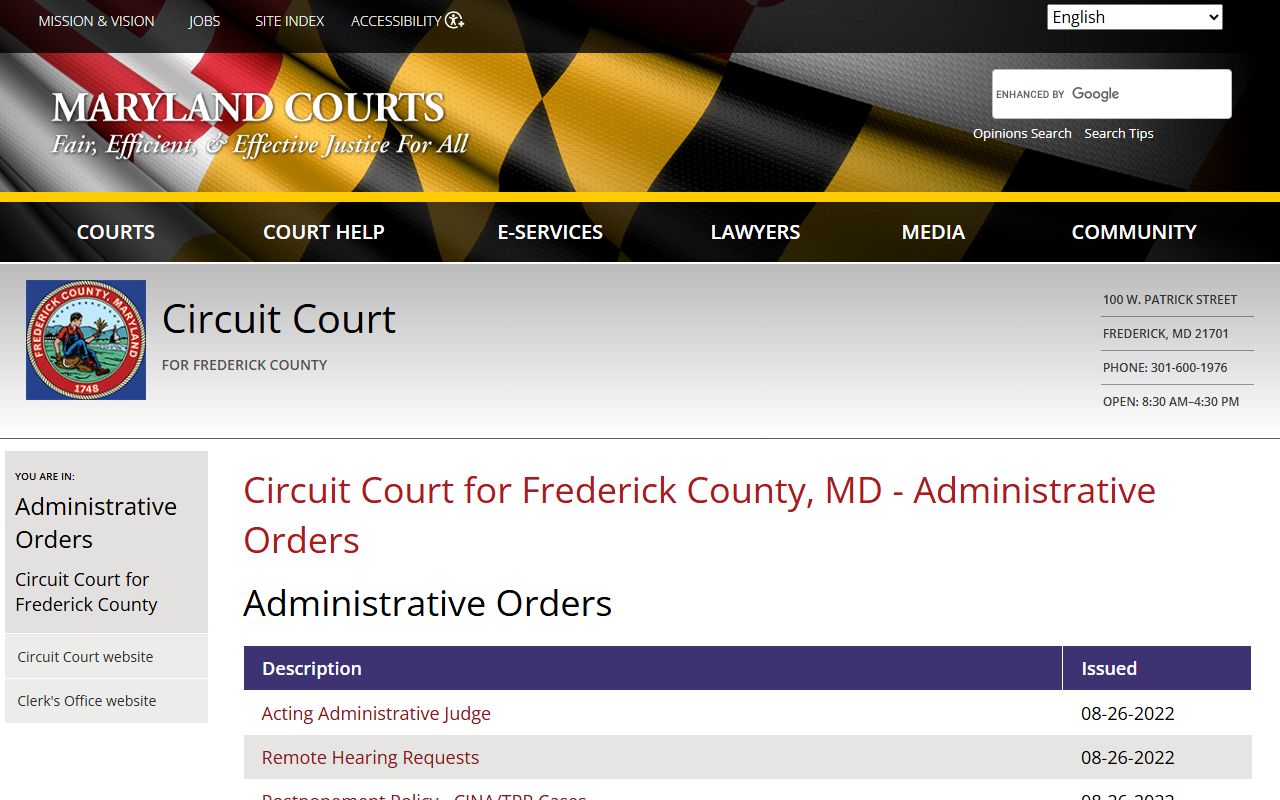 Frederick County Circuit Court page showing court services and public records information