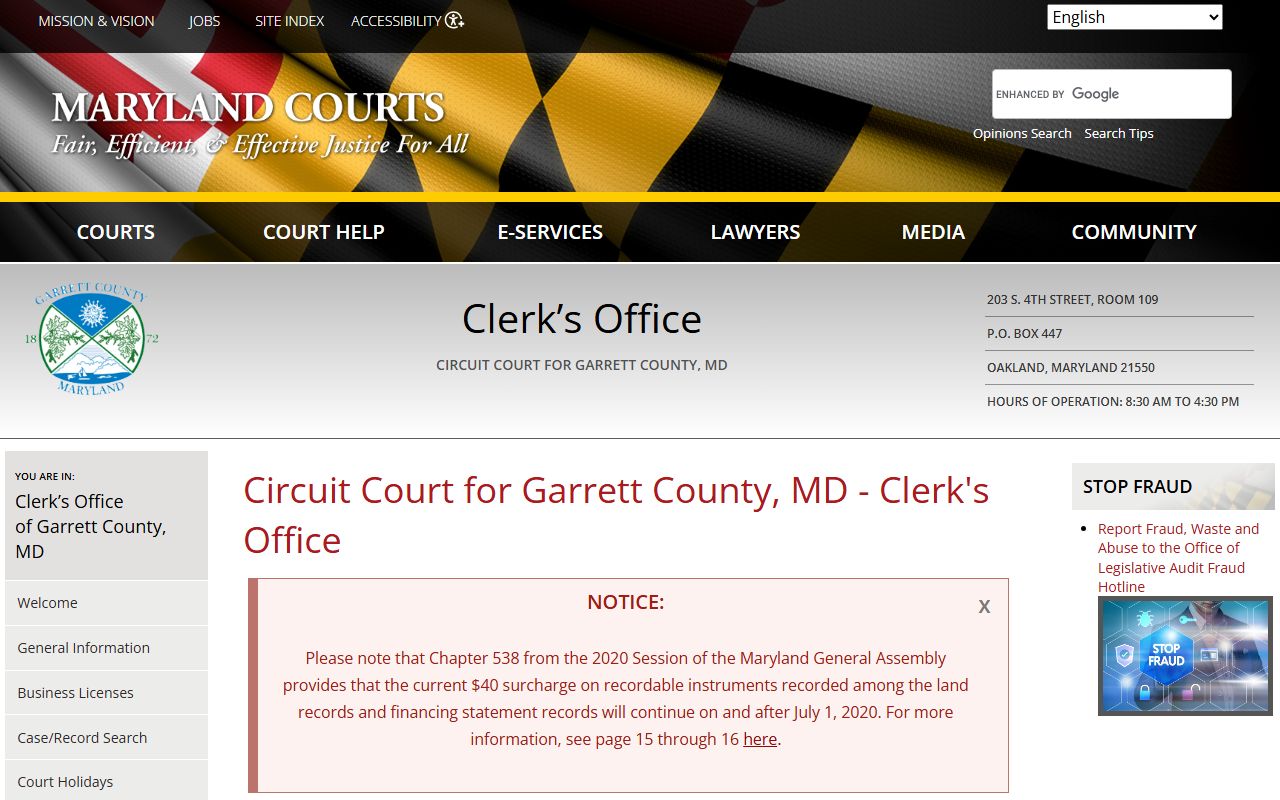 Garrett County Circuit Court Clerk page for public records access in Oakland Maryland