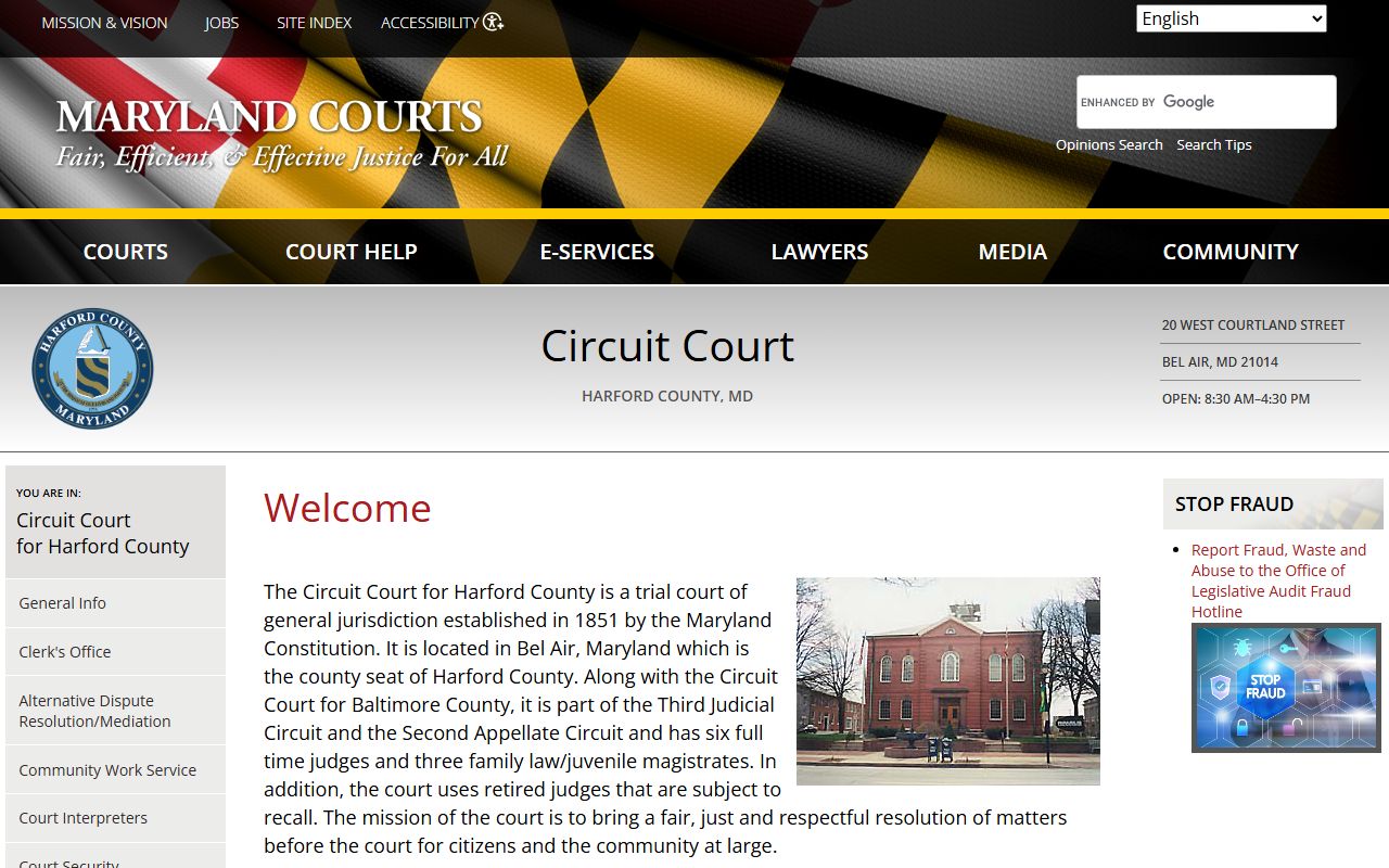 Harford County Circuit Court page for court records and public information