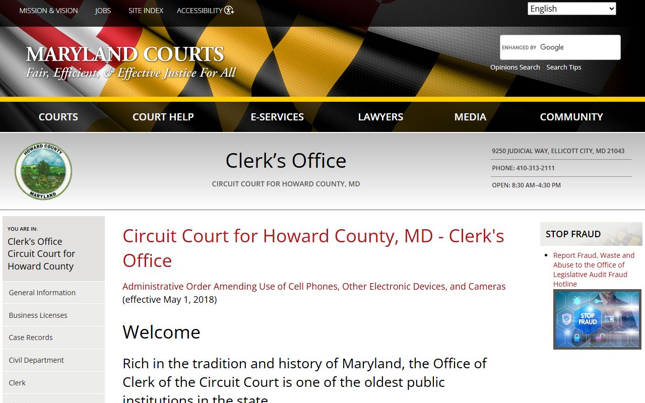 Howard County Circuit Court Clerk page for public records access in Ellicott City