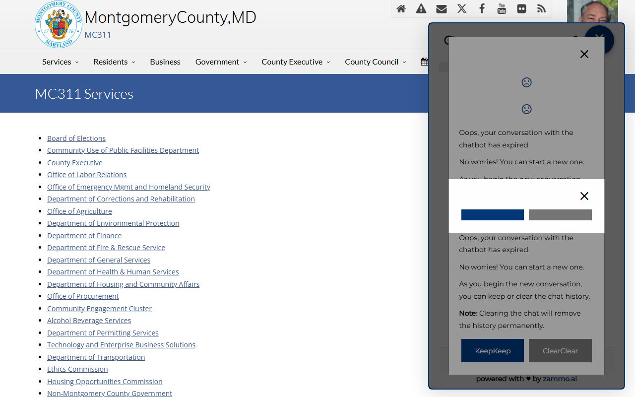 Montgomery County MC311 services page for public records and county services