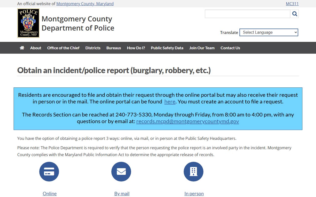 Montgomery County Police incident report request instructions for public records