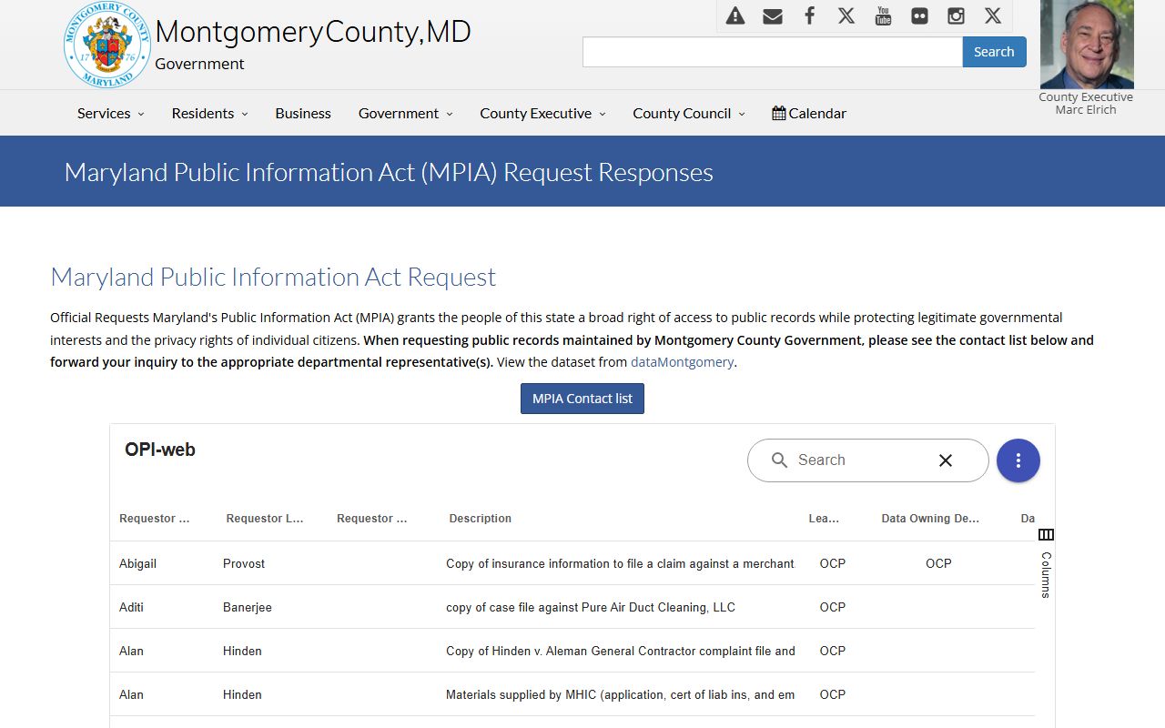 Montgomery County MPIA public information act request contacts and procedures