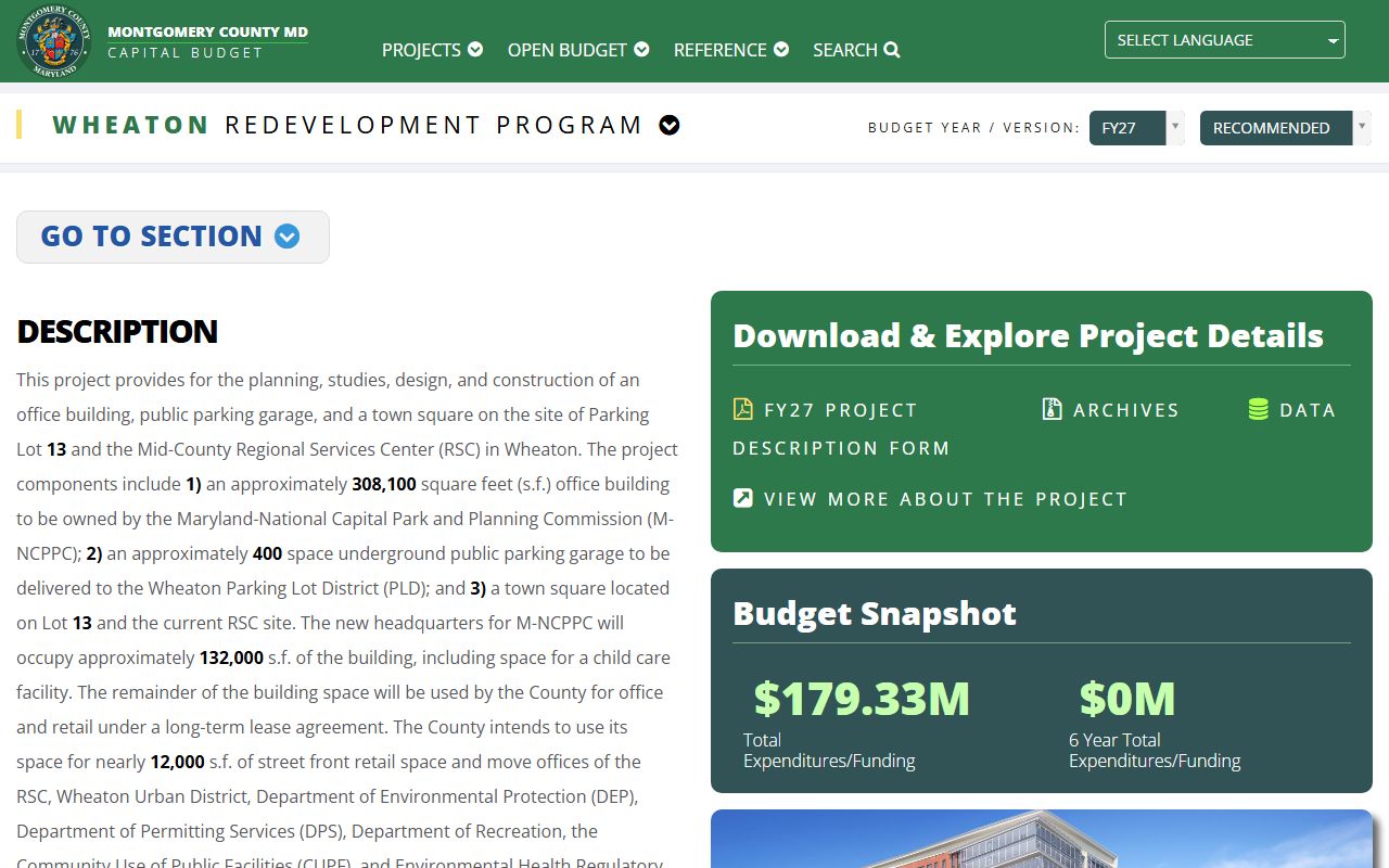 Montgomery County capital projects database showing a Wheaton redevelopment project