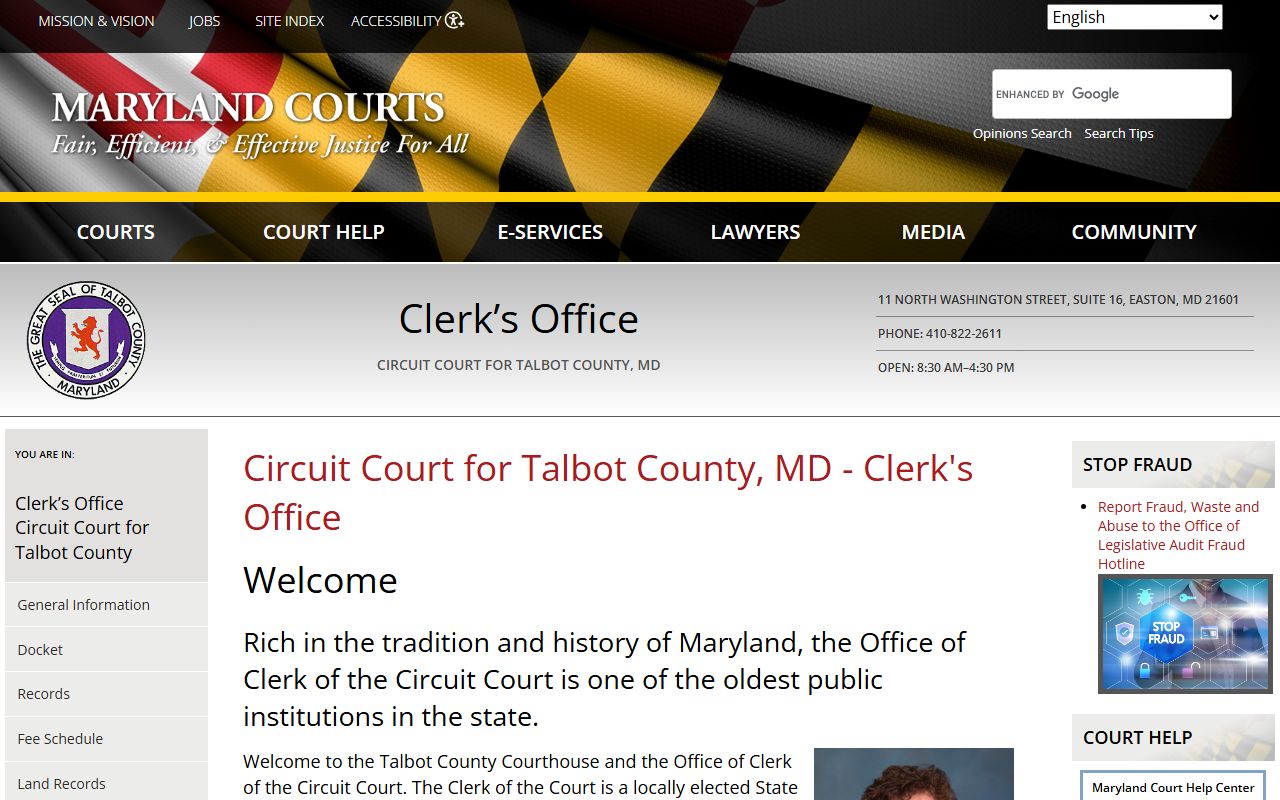 Talbot County Clerk of the Circuit Court welcome page for public records access