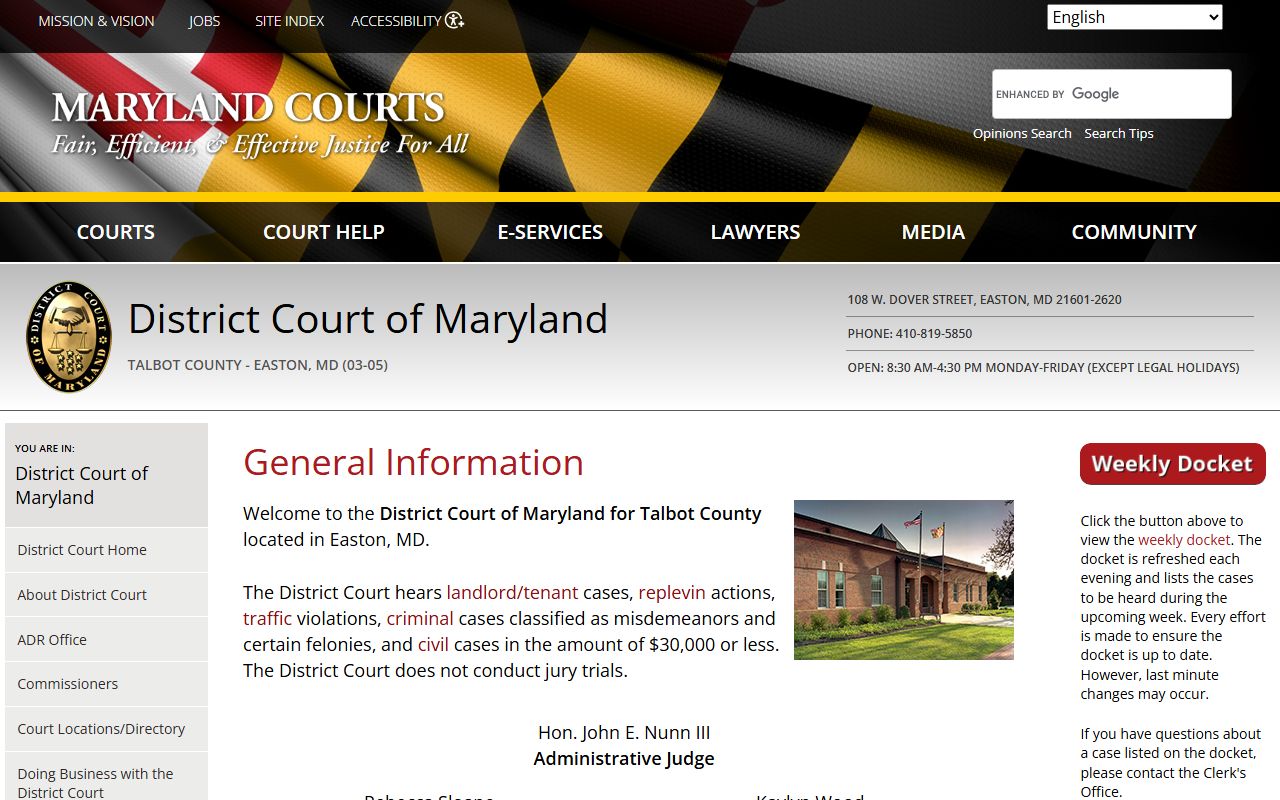 Talbot County District Court information for court records and case lookup in Easton