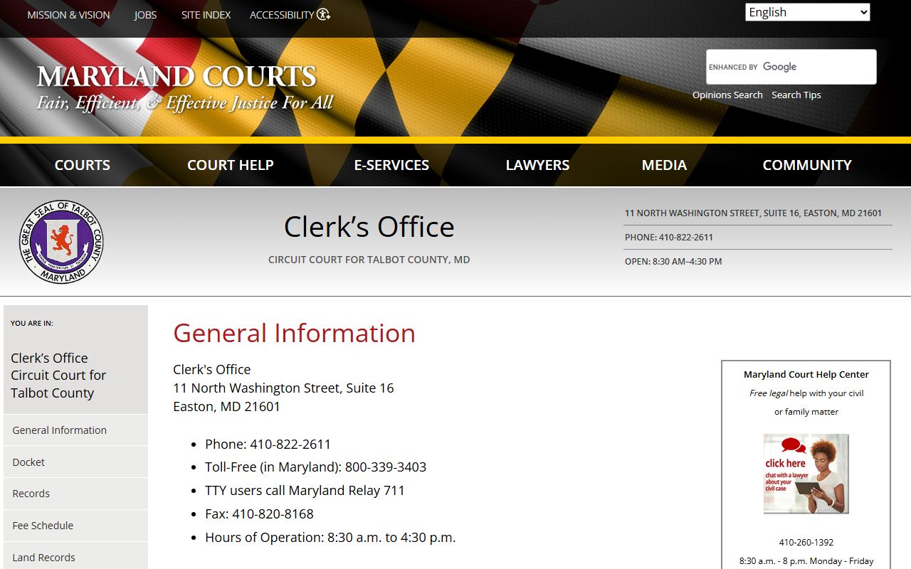 Talbot County Circuit Court Clerk general information page including hours and contact