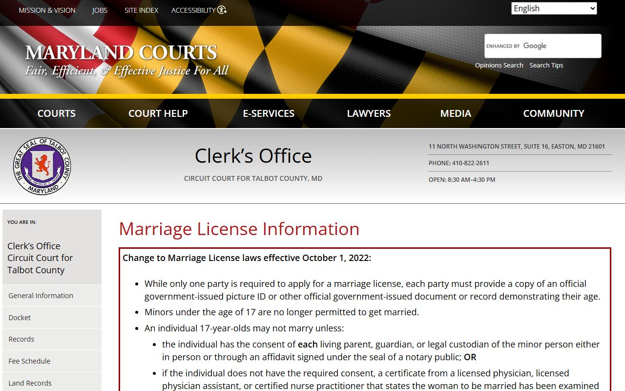 Talbot County marriage license information from the Circuit Court Clerk in Easton