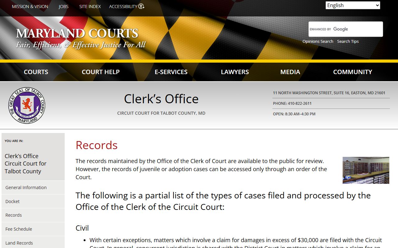 Talbot County public records types and access information from the Circuit Court