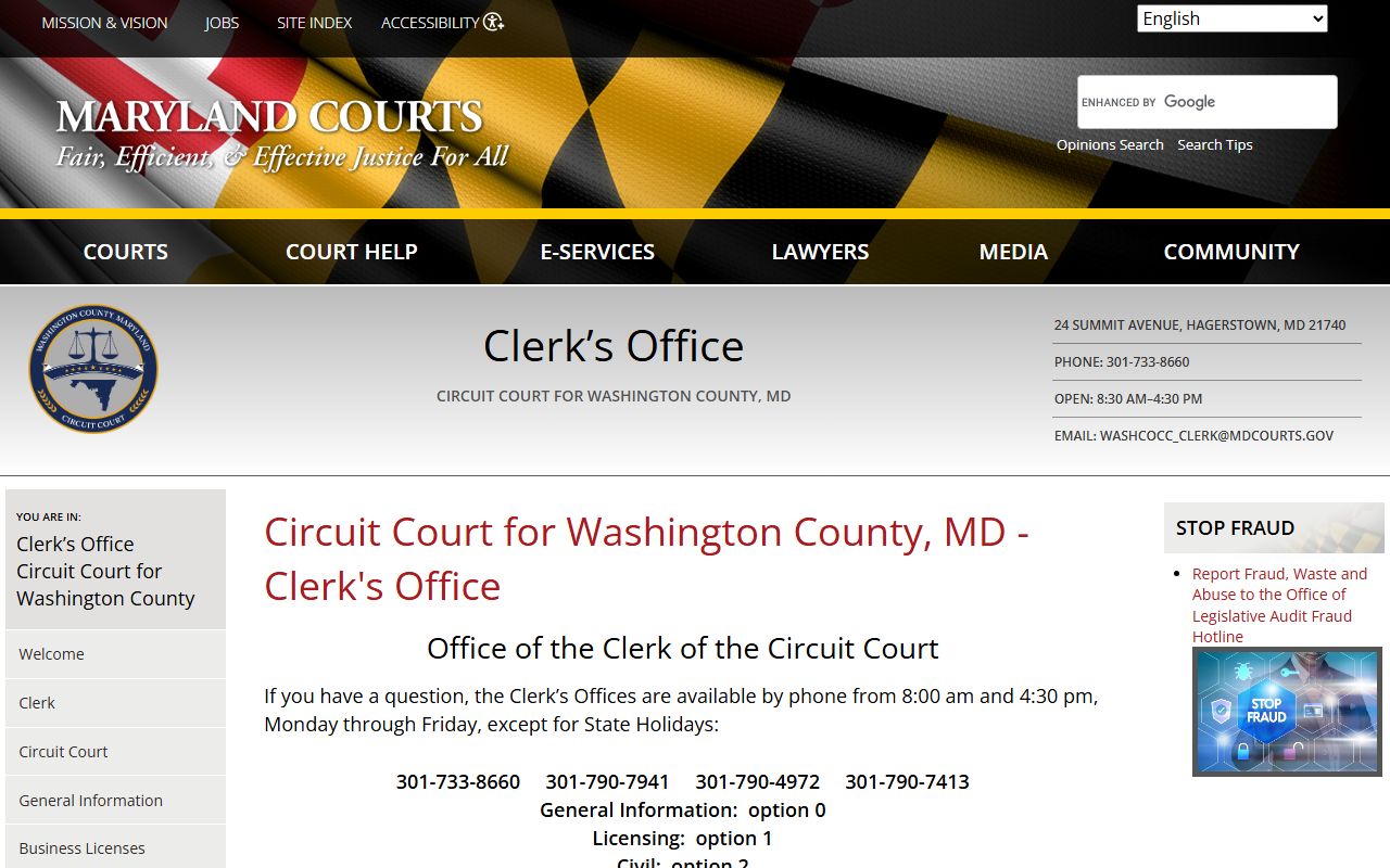 Washington County Clerk of the Circuit Court main page for public records access in Hagerstown