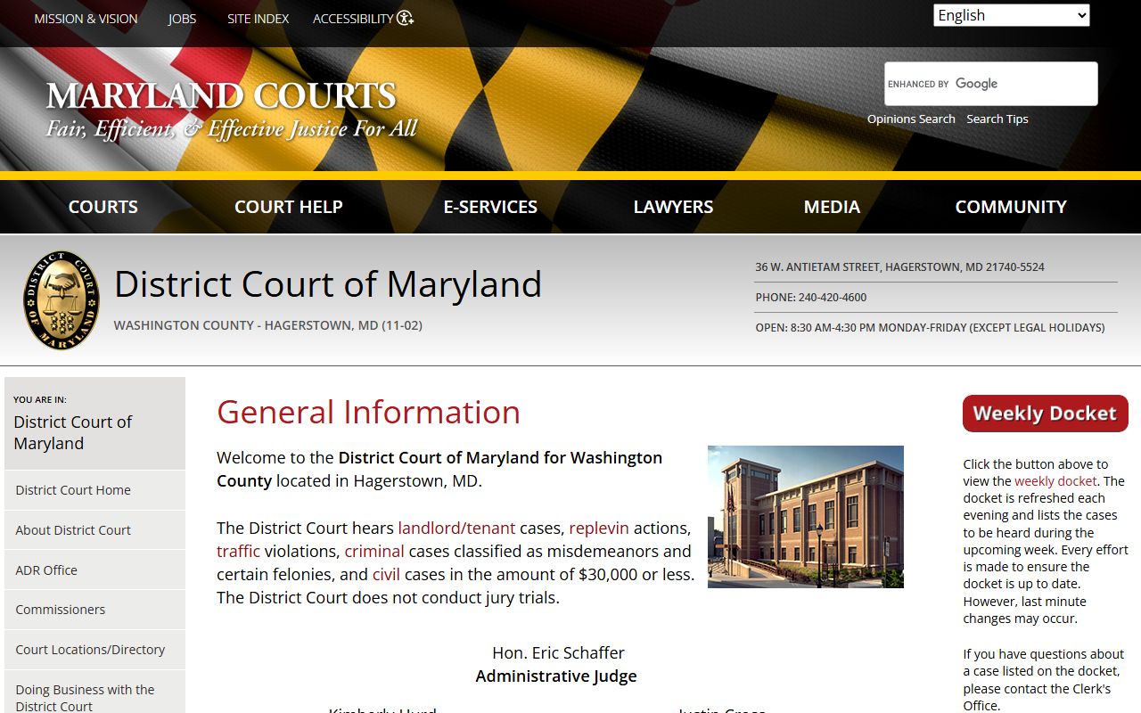 Washington County District Court directory for court records and case lookup in Hagerstown