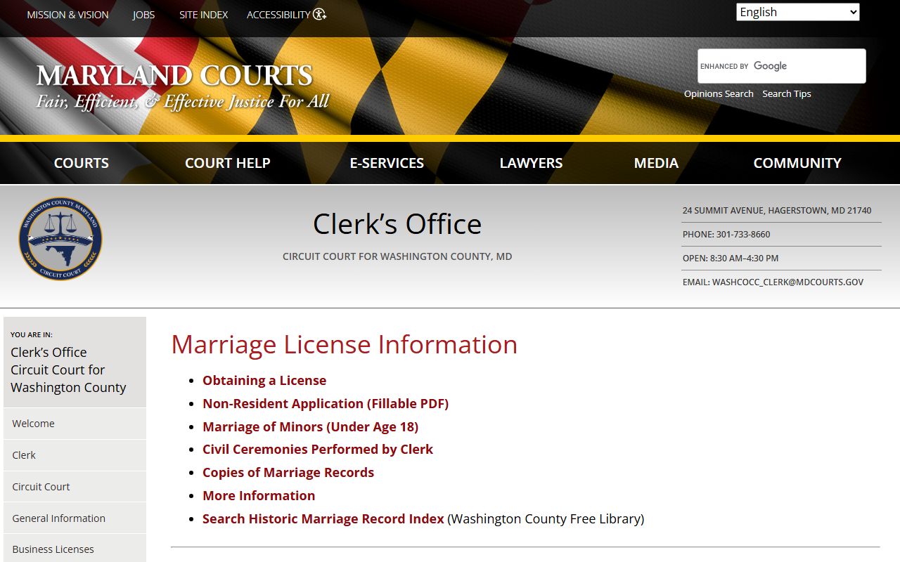 Washington County marriage license information from the Circuit Court Clerk