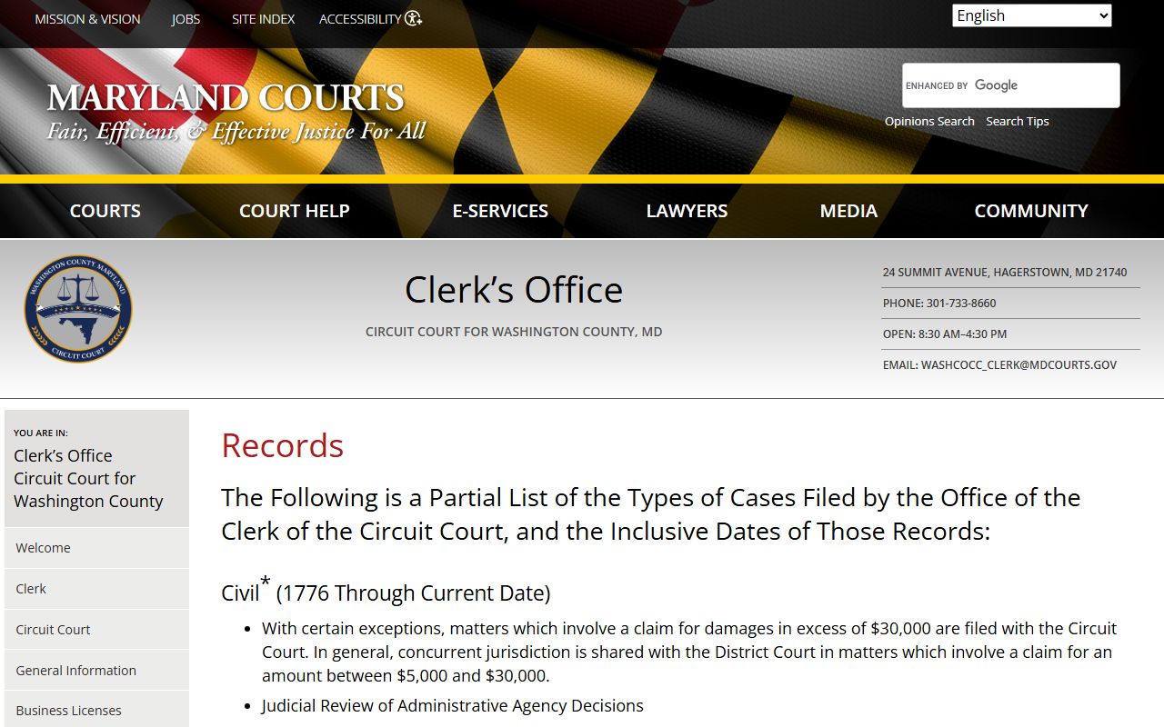 Washington County public records types and access information from the Circuit Court