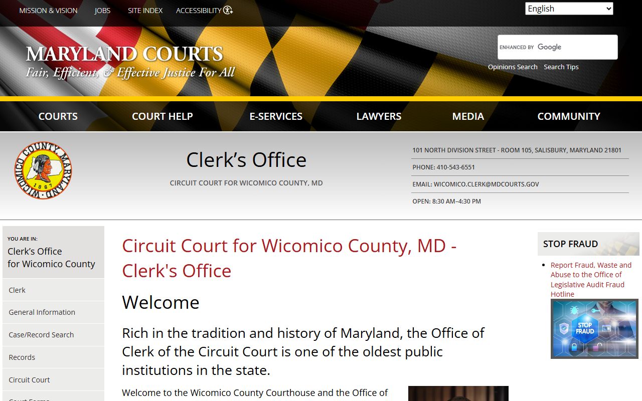Wicomico County Clerk of the Circuit Court welcome page for public records access in Salisbury