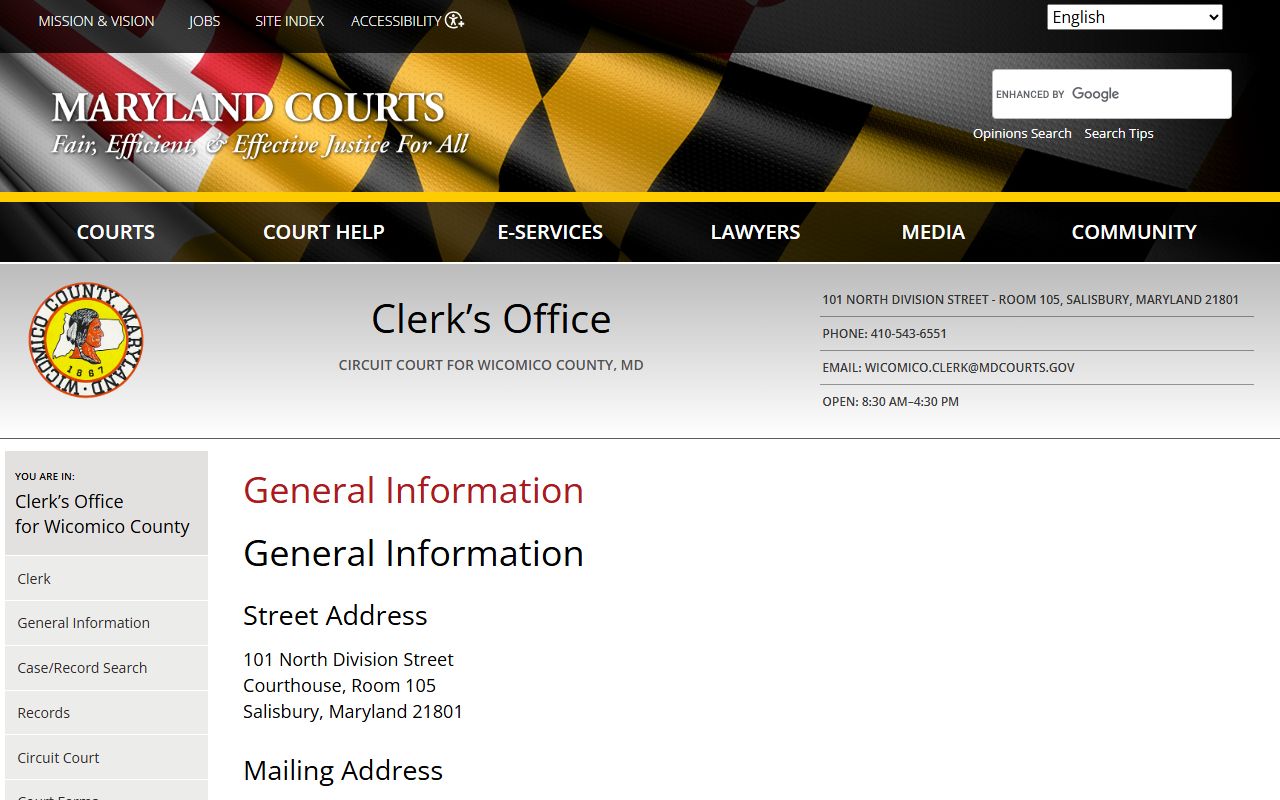Wicomico County Circuit Court Clerk general information including contact and office hours