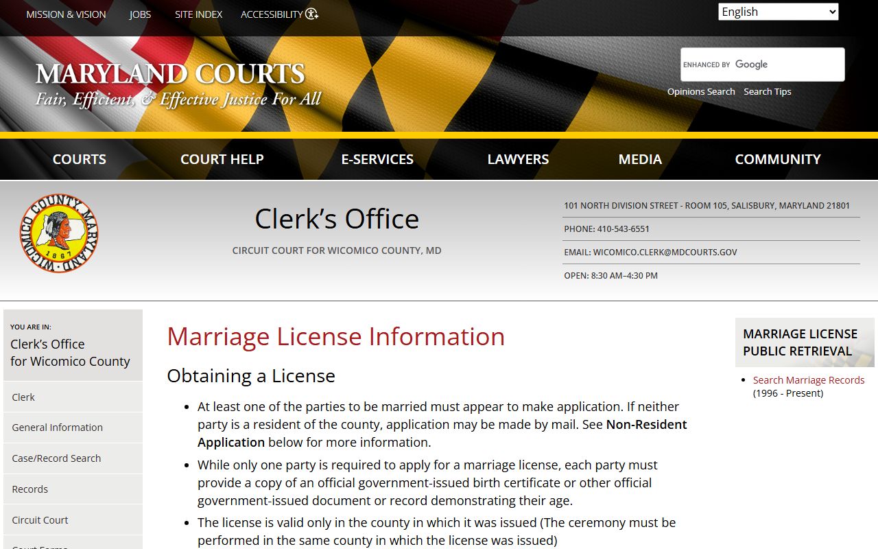Wicomico County marriage license information from the Circuit Court Clerk in Salisbury