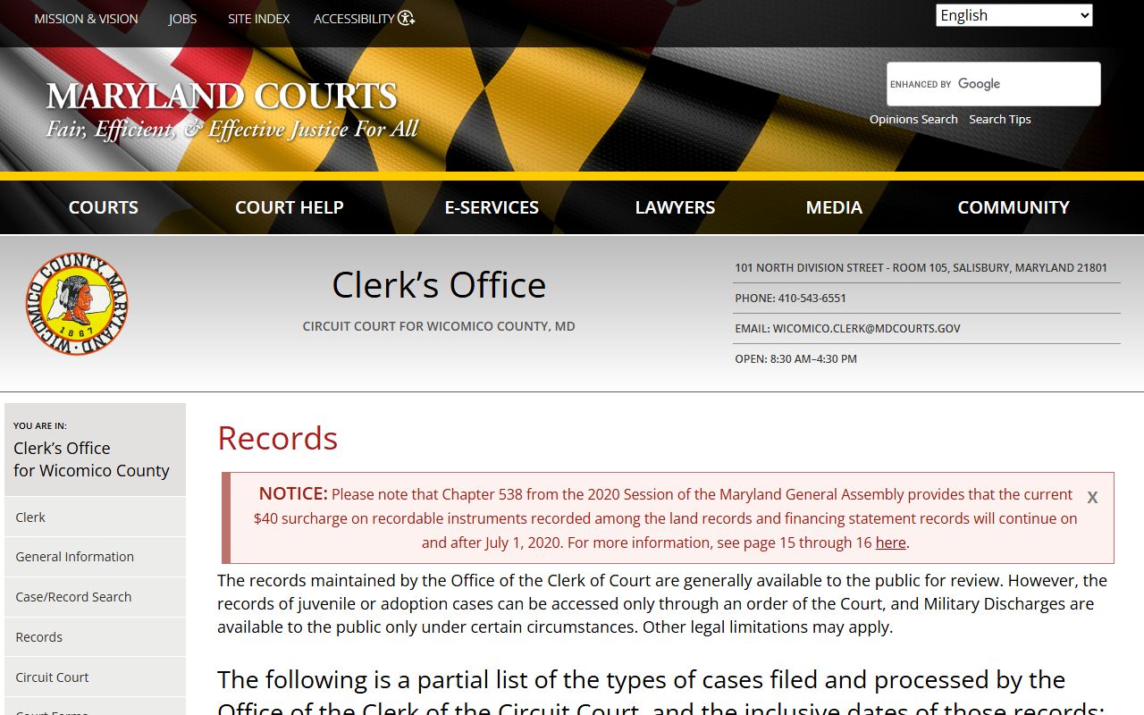 Wicomico County public records types and access information from the Circuit Court