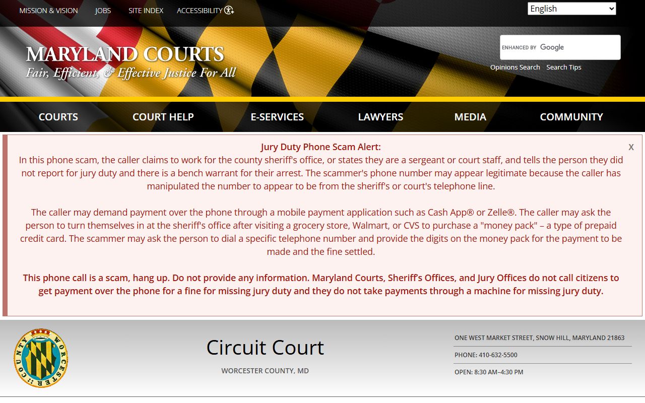 Worcester County Circuit Court information page for court records and public filings