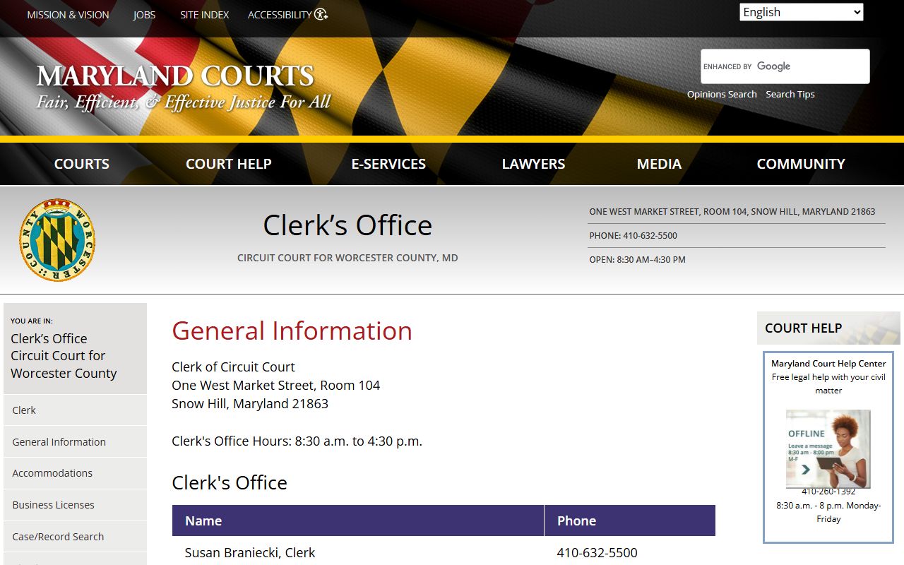 Worcester County Clerk of the Circuit Court general information for public records access in Snow Hill