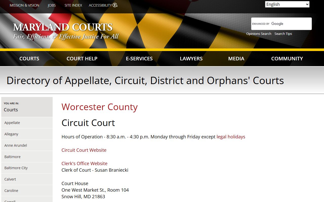 Worcester County court directory showing all courts and locations in Snow Hill area