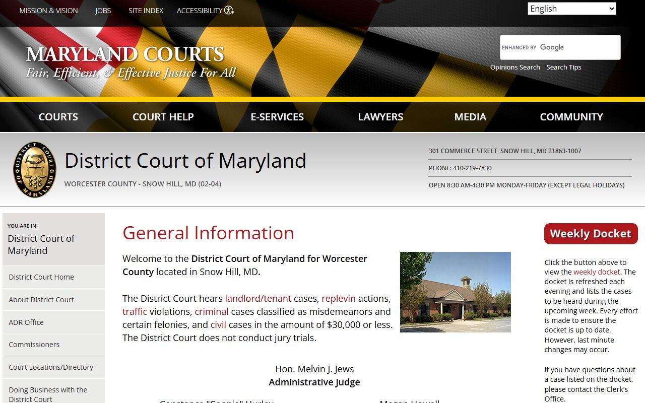 Worcester County District Court in Snow Hill for court records and case information