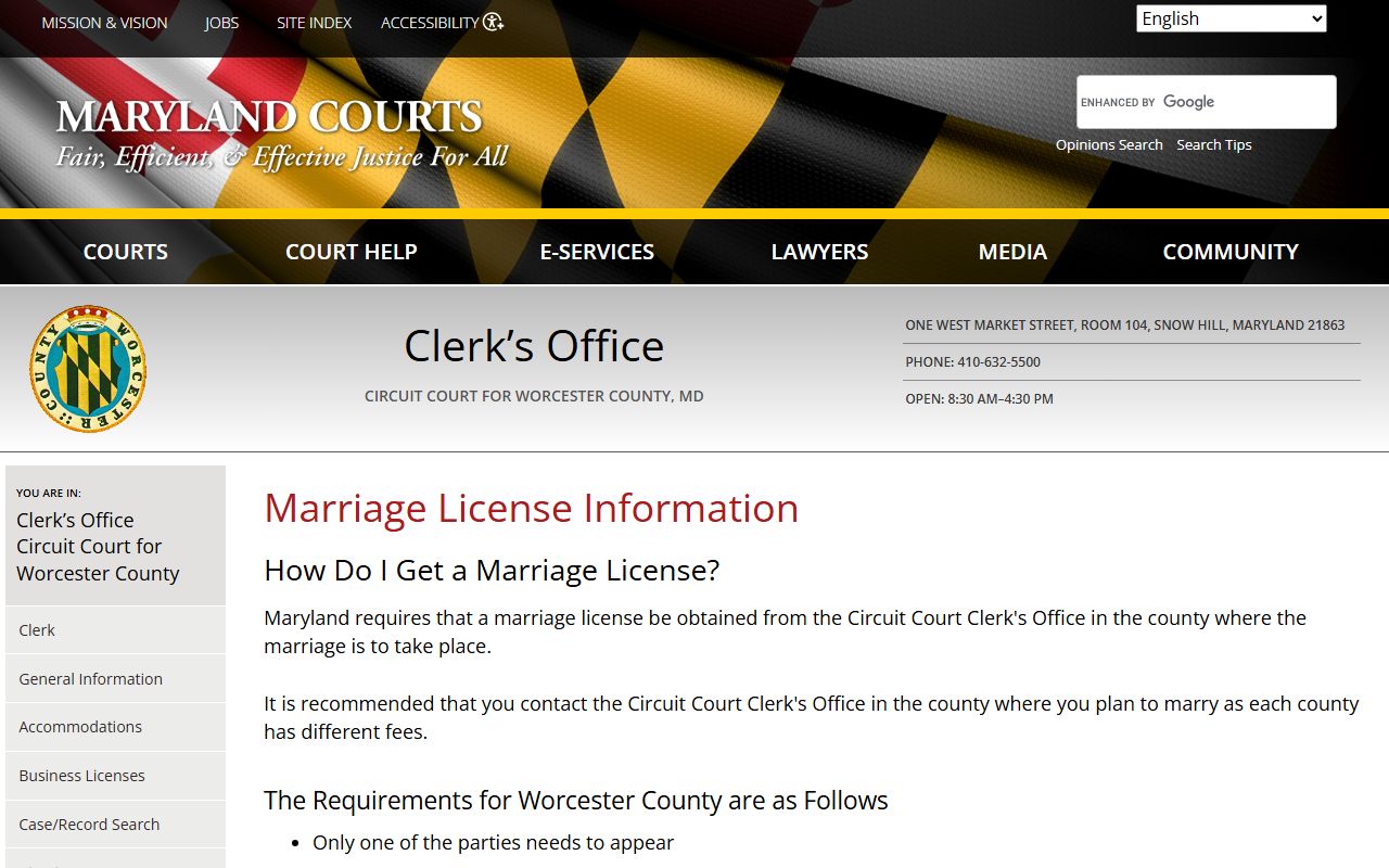 Worcester County marriage license information from the Circuit Court Clerk