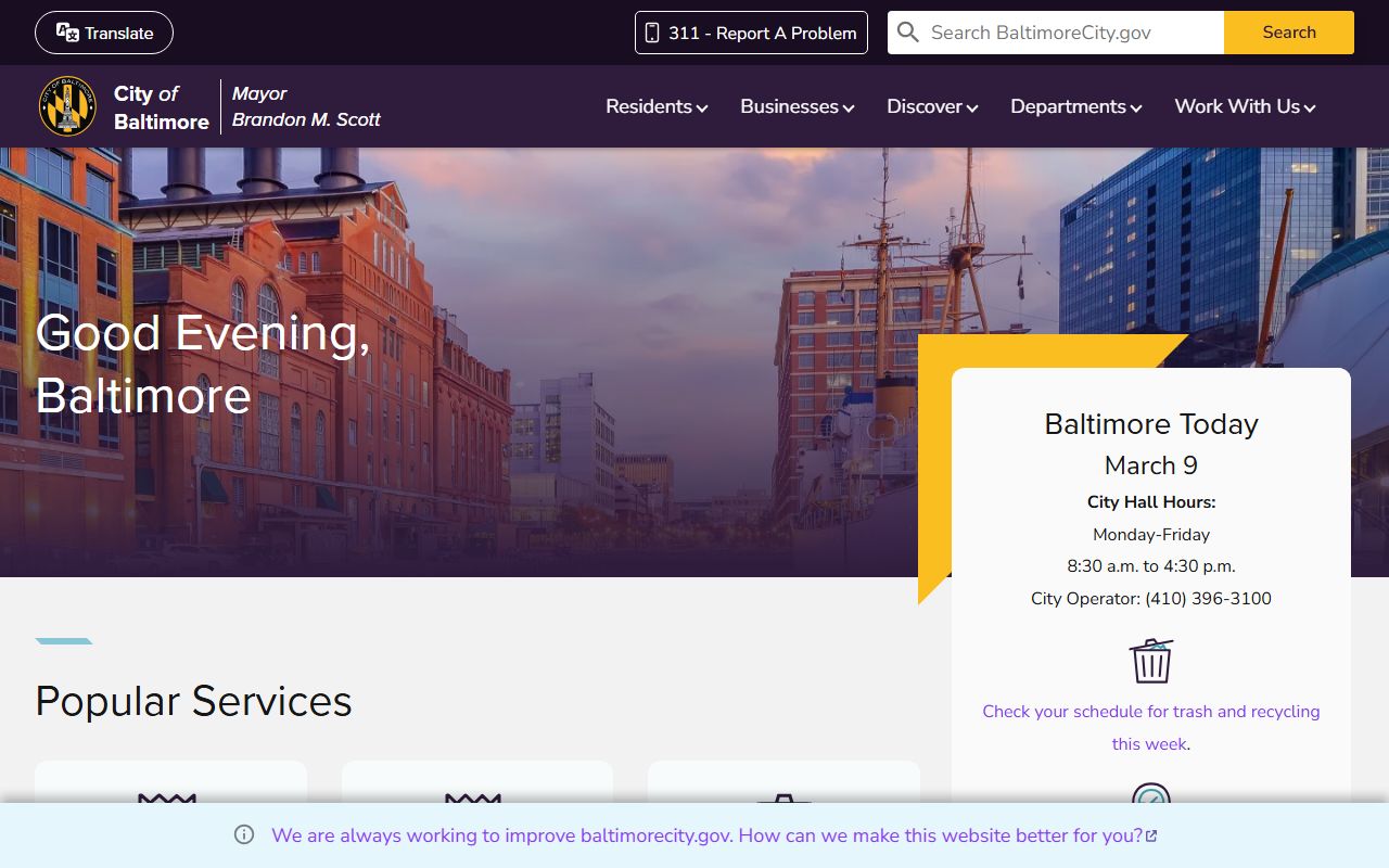 Baltimore City government portal home page for finding public records and city services
