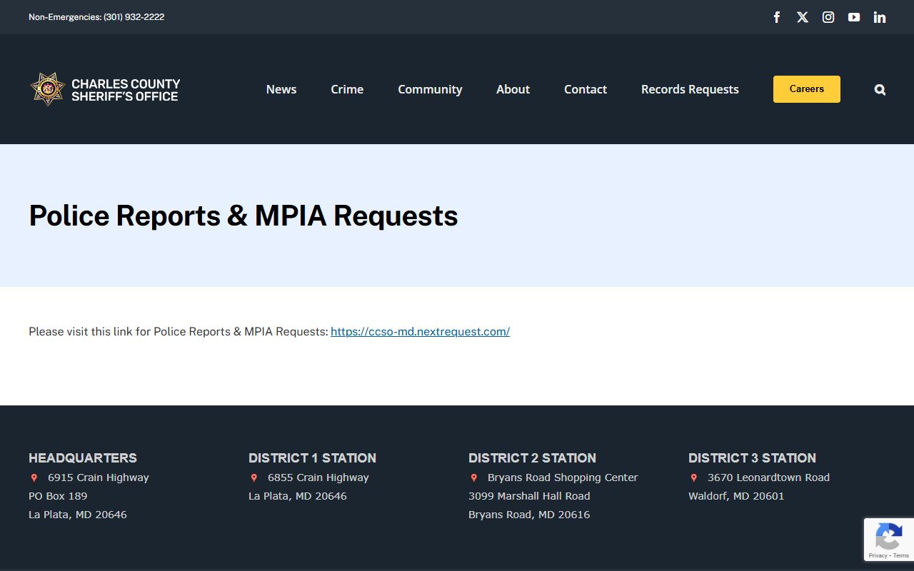 Charles County Sheriff's Office police reports request page for public records