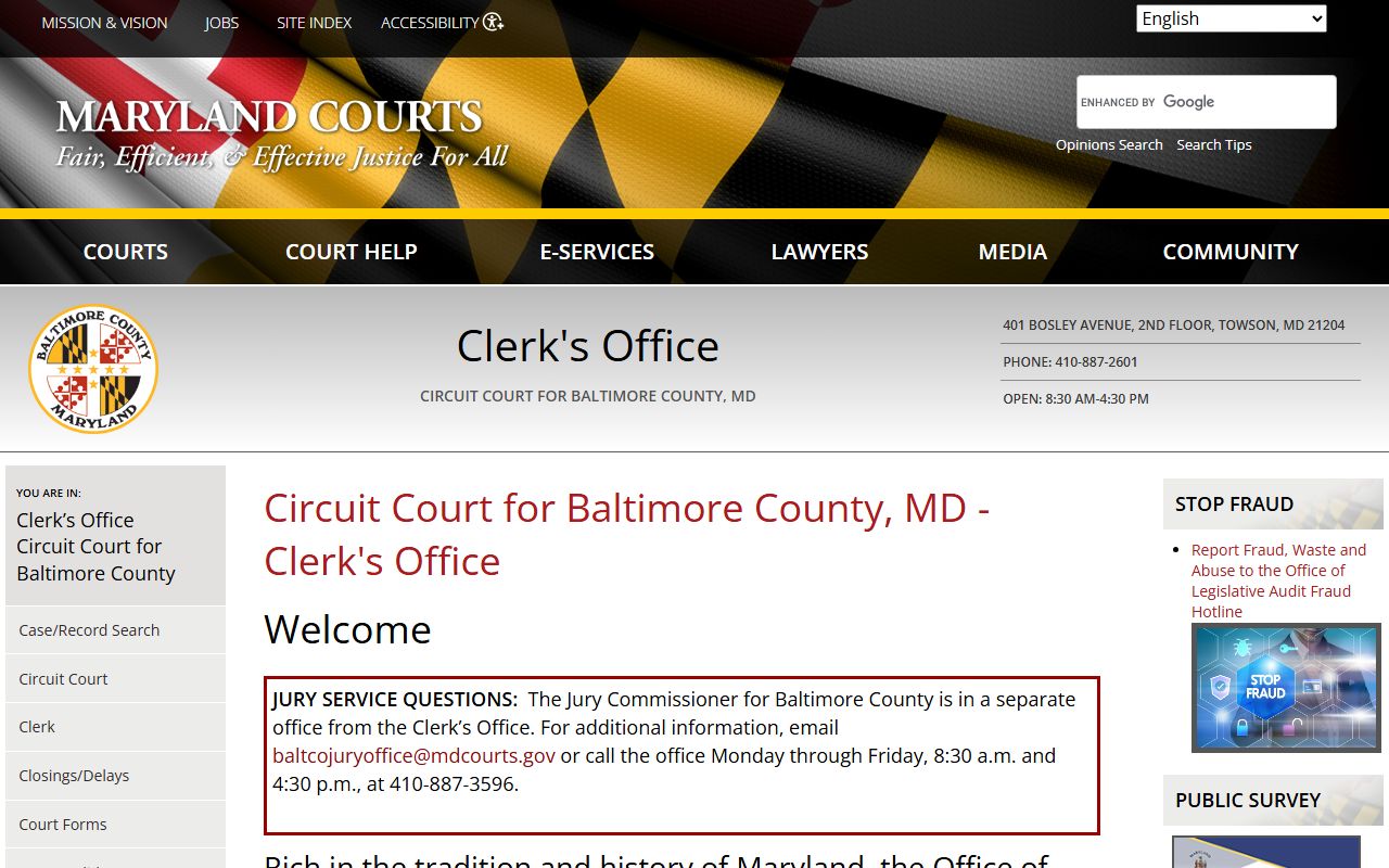 Baltimore County Circuit Court Clerk page for public records access