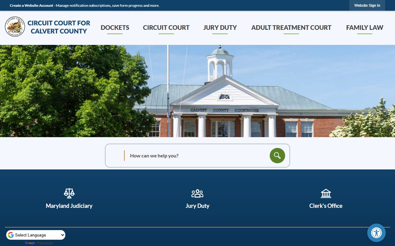 Calvert County Circuit Court official website for records and court services