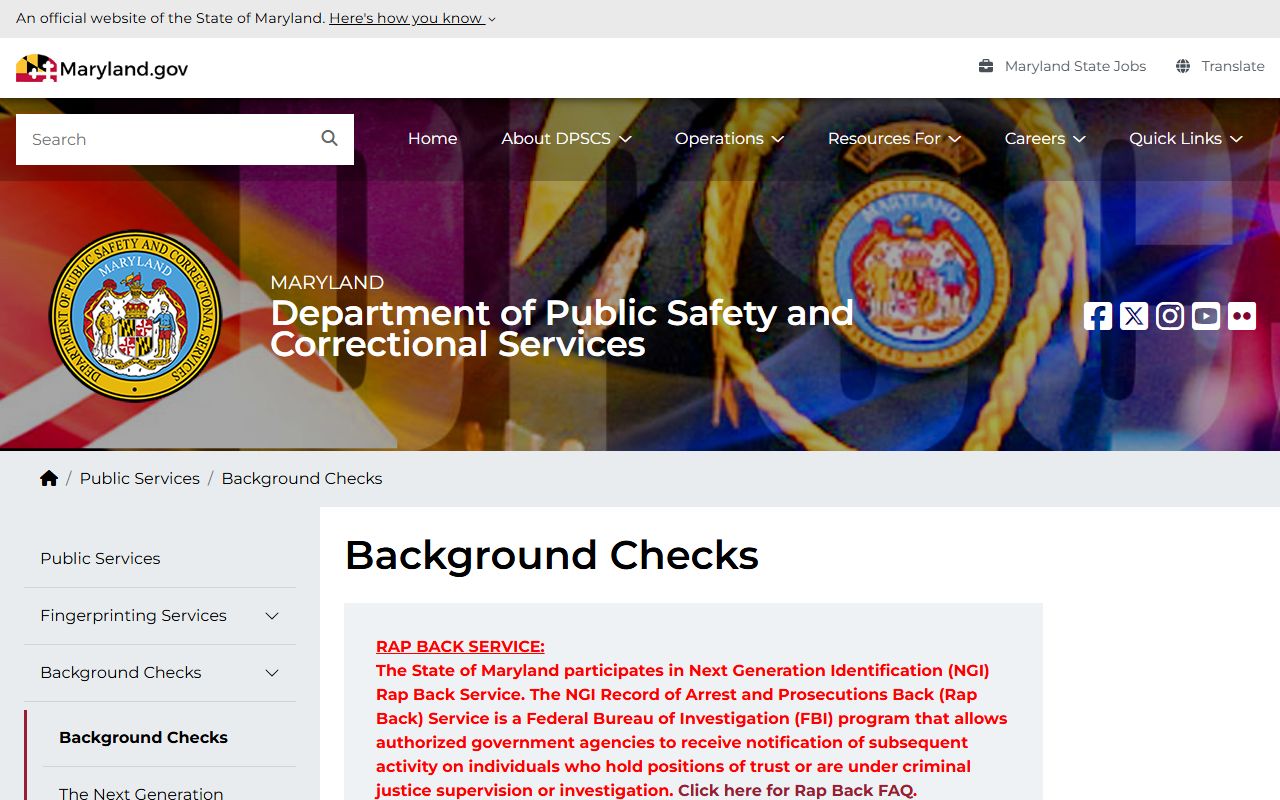 Maryland CJIS criminal background check request portal at DPSCS