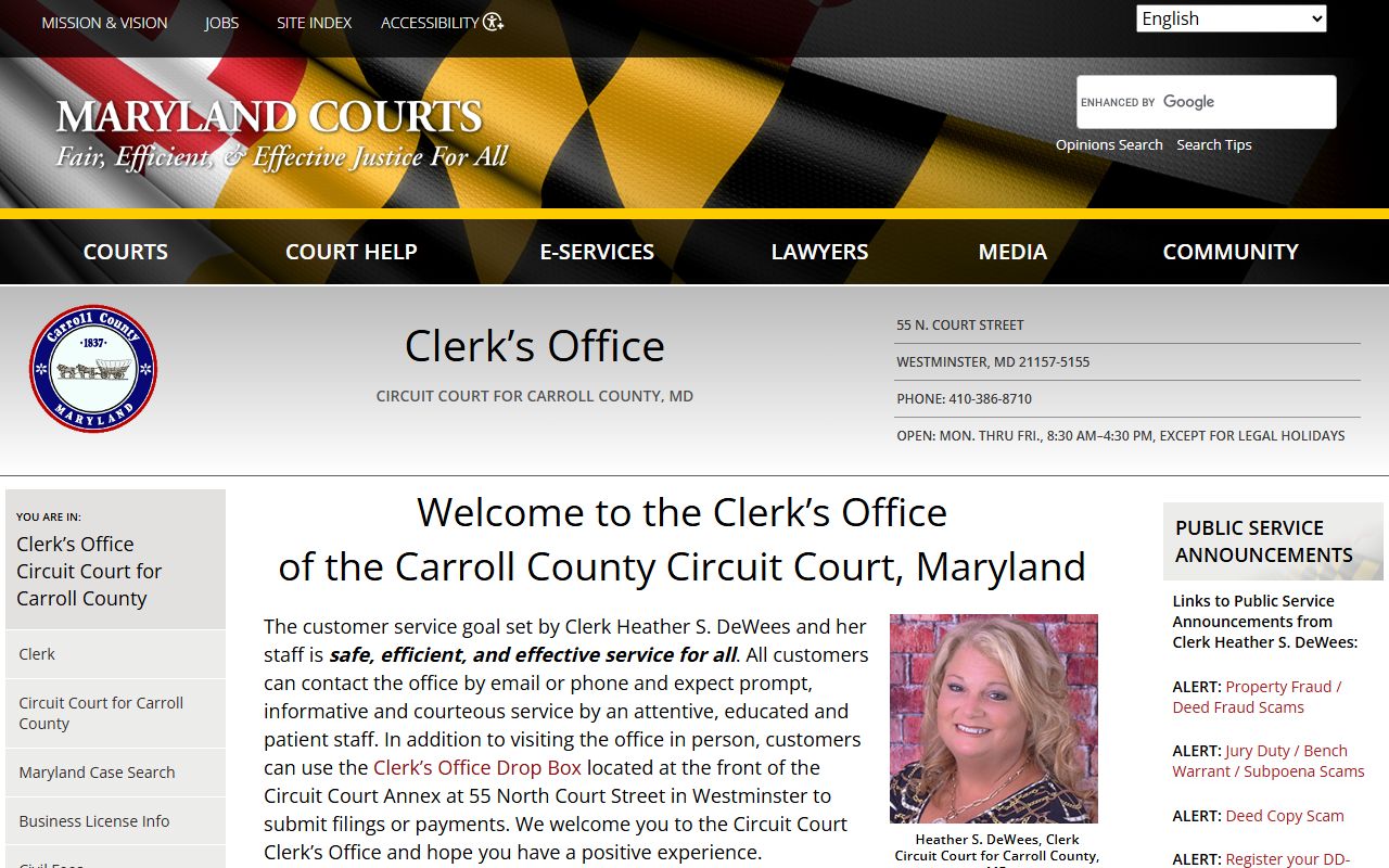 Calvert County Circuit Court Clerk page showing available public records