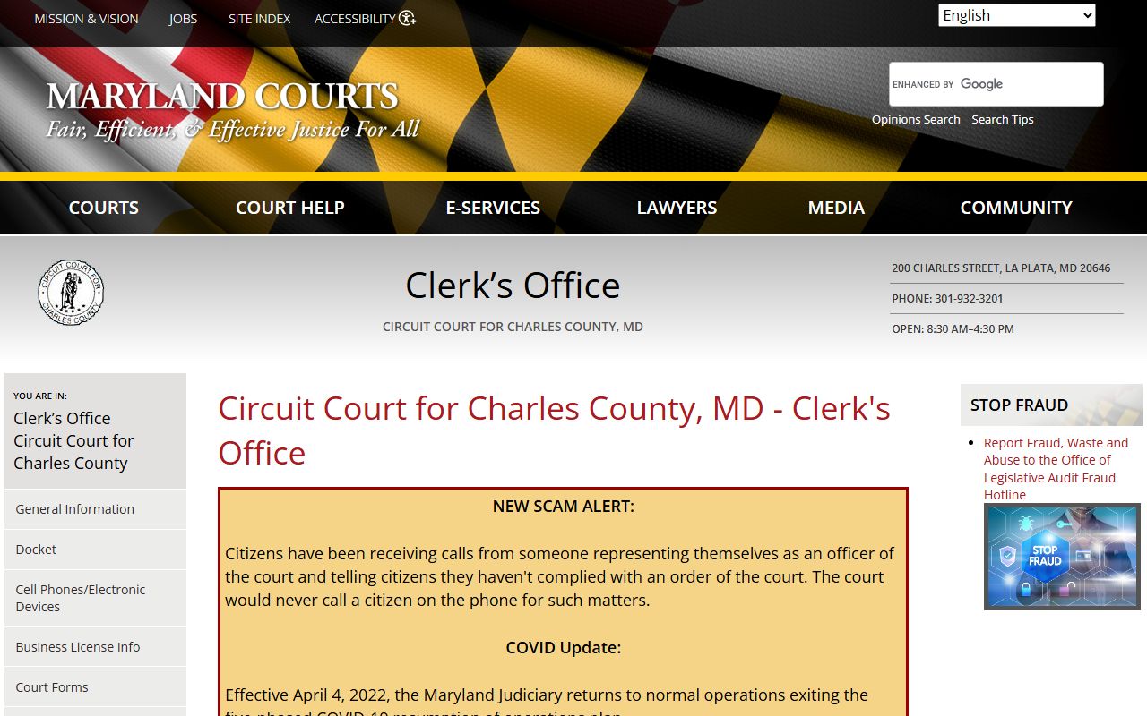 Charles County Circuit Court Clerk page for public records access in La Plata Maryland
