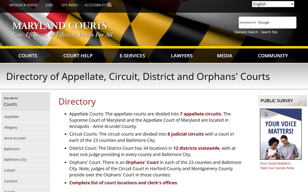 Maryland courts directory listing all Circuit and District Courts statewide