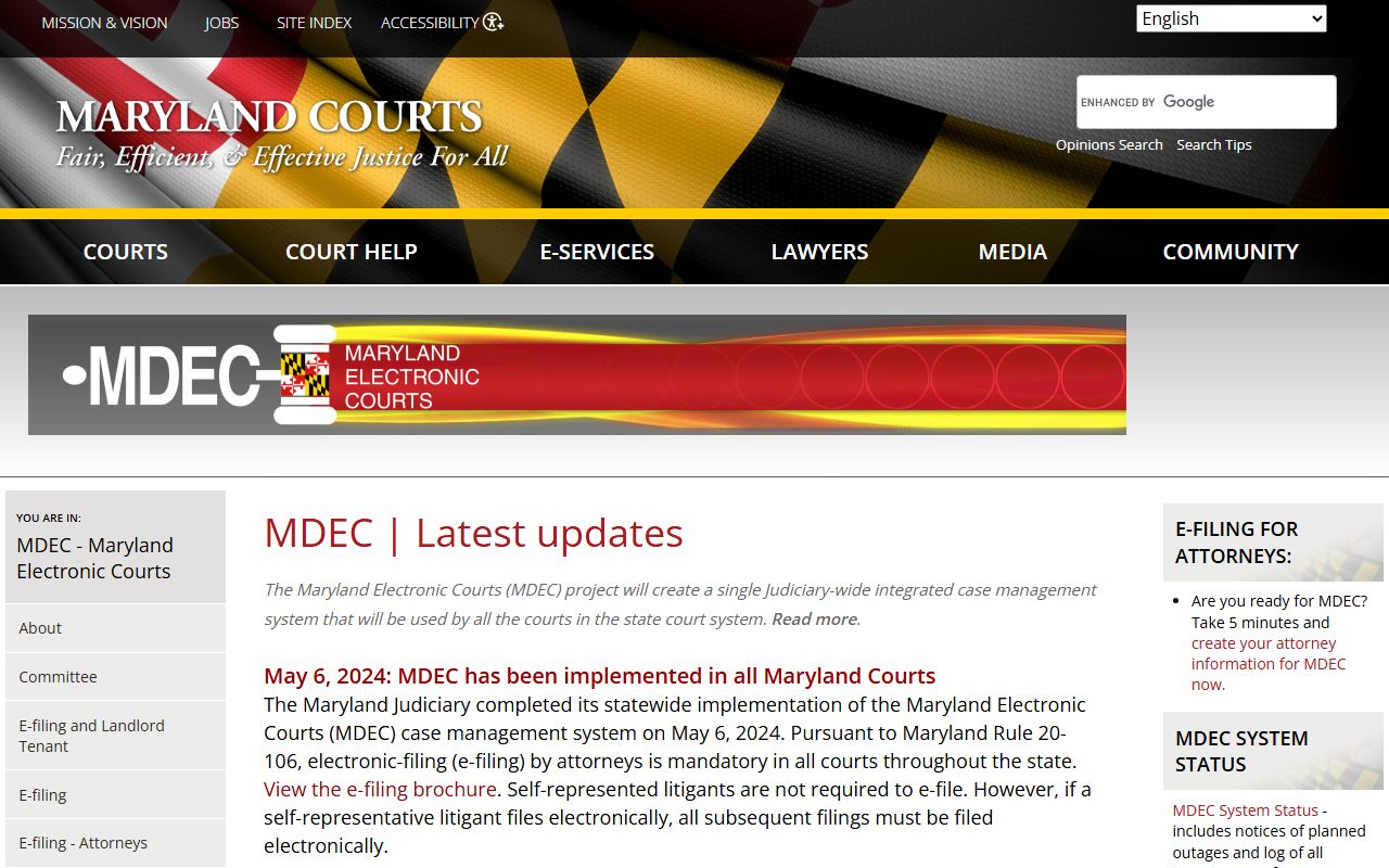 Maryland Electronic Courts system interface for court record access