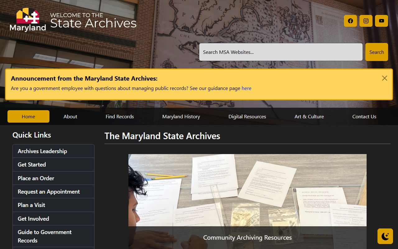 Maryland State Archives online access portal for government and historical records