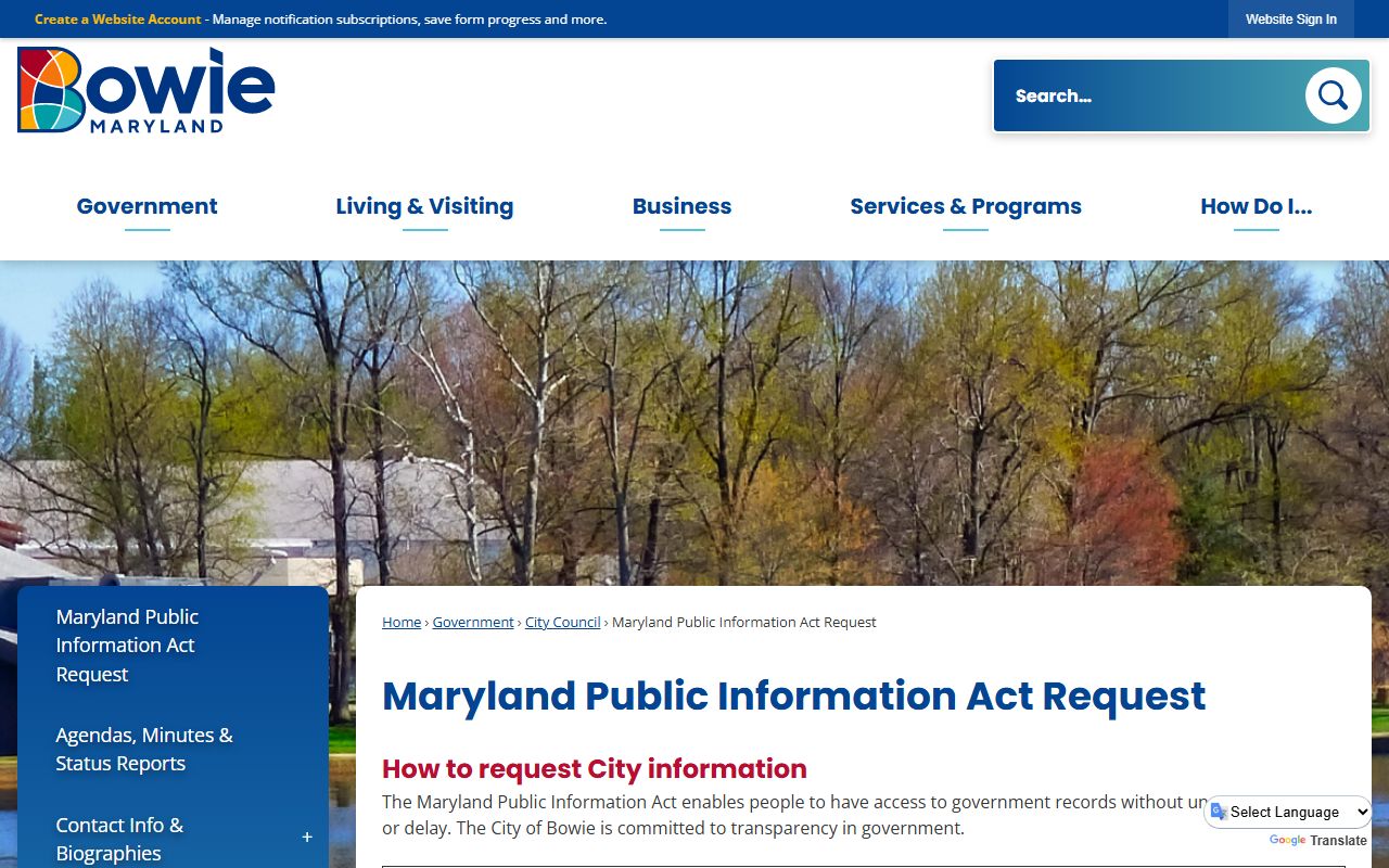 City of Bowie MPIA public records request page