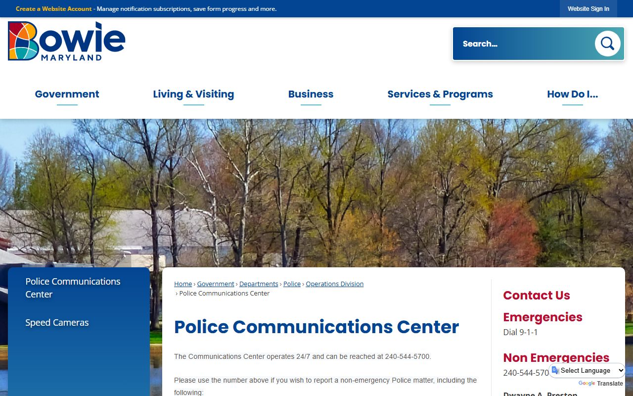 Bowie Police Communications Center non-emergency contact information