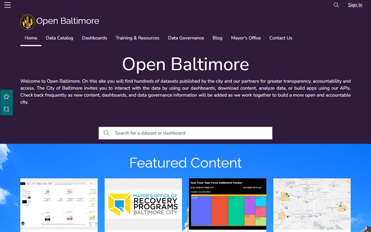 Open Baltimore data portal showing public datasets for Baltimore public records
