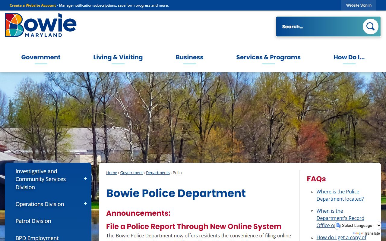 Bowie Police Department page on the city website for police records and public records requests
