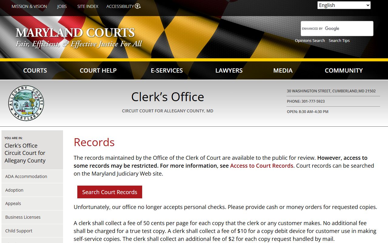 Allegany County public records types and fees information from the Circuit Court Clerk