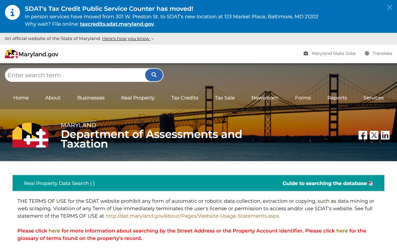 SDAT Real Property Search tool for Maryland property records