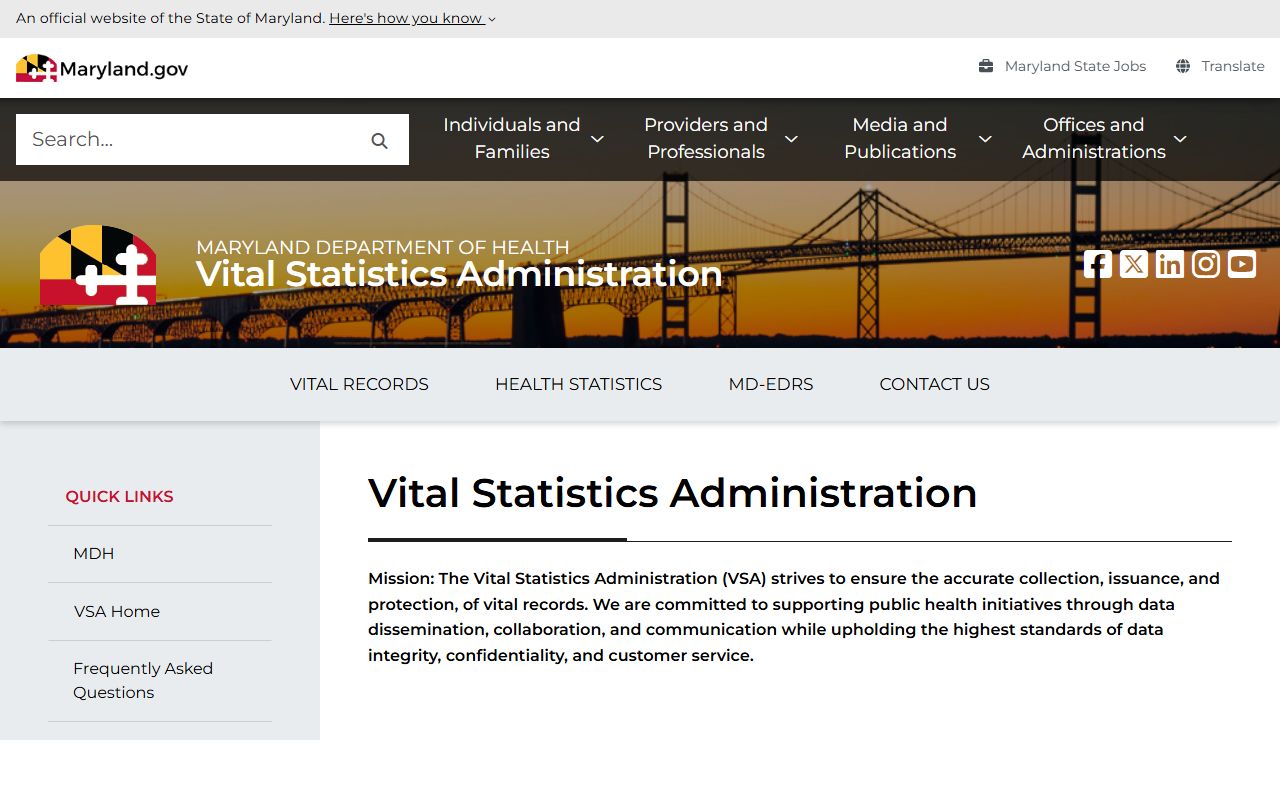 Maryland Vital Statistics Administration for birth and death certificate requests